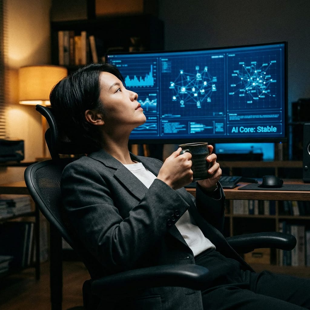 The agent is leaning back in an ergonomic chair, holding a ceramic mug, looking thoughtfully at a monitor filled with glowing analytics
