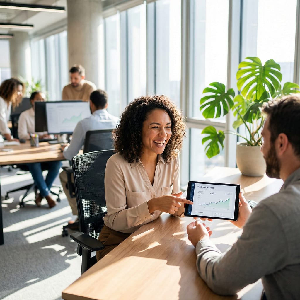 A woman in her 30s laughs while sharing a digital dashboard on a tablet with a colleague.