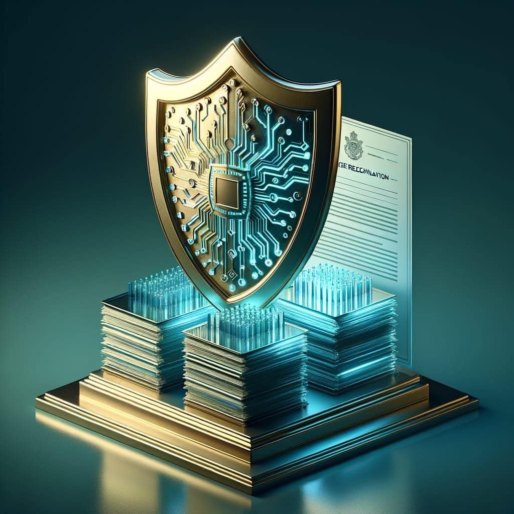An isometric 3D social media graphic of a golden shield integrated with digital circuit patterns, image represents security and precision in automated reconciliation.