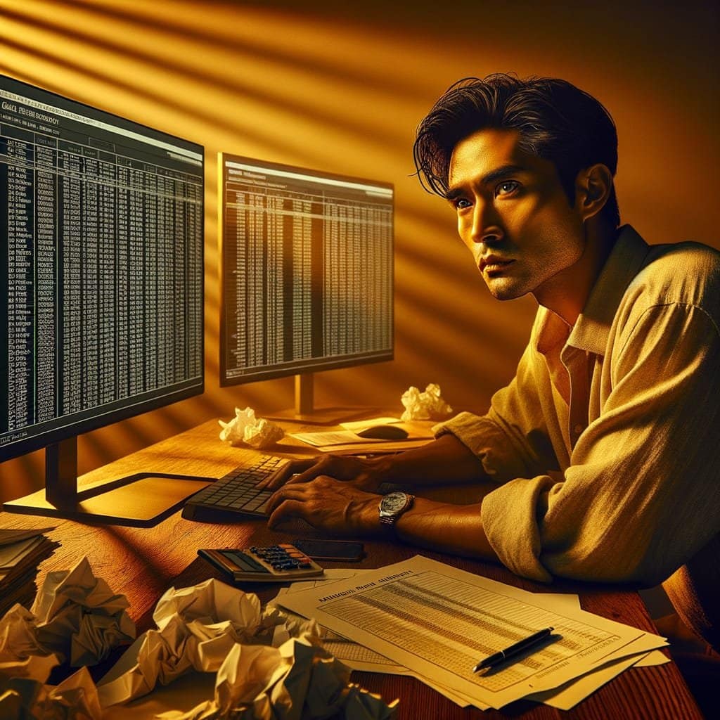 A cinematic side-profile of a man in his late 30s with light stubble, sitting in a sleek, minimalist home office. He gazes thoughtfully at two computer monitors that display perfectly aligned financial ledger entries with the heading "RECONCILED". The warm, orange light of a setting sun streams through a window