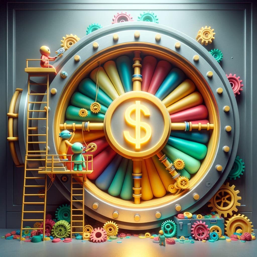 A thick, circular bank vault door made entirely of smooth, colorful clay stands in the center of the frame. The door features oversized, chunky gear mechanisms that look like toy parts. In the very center of the door, a large, translucent green clay symbol "$" glows with a soft internal light.