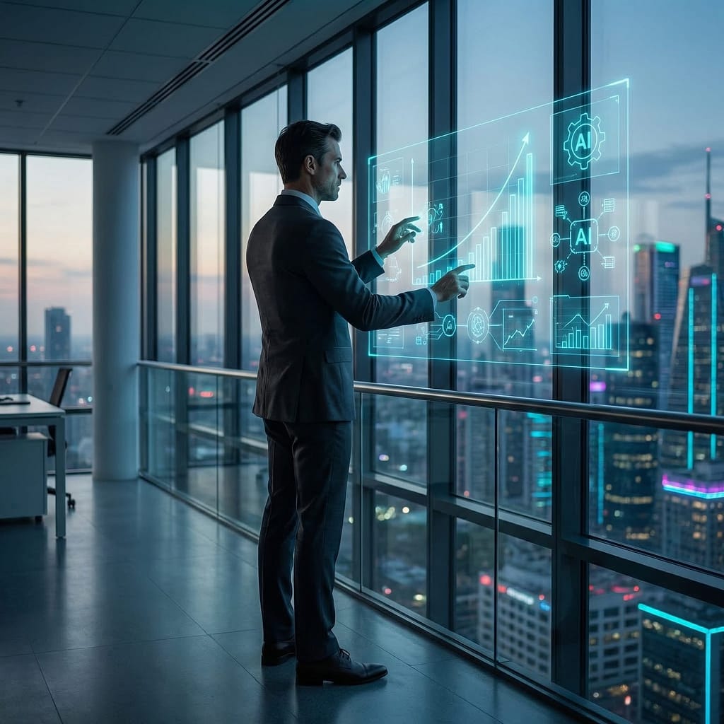 A professional executive in a tailored suit standing in a modern, high-ceiling glass office overlooking a digital city. The executive is interacting with a clean, semi-transparent holographic interface that displays exponential growth charts and AI workflow icons.