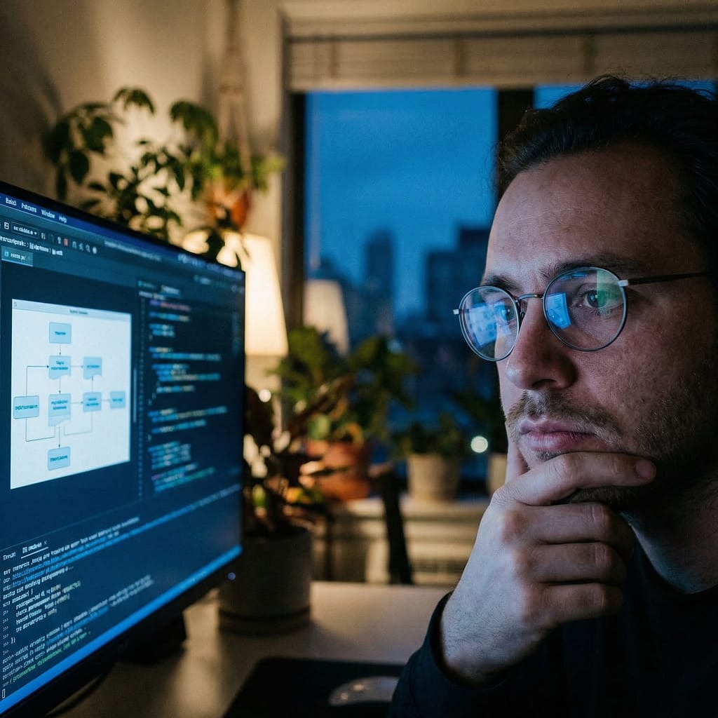 Close-up candid shot of a focused professional in a minimalist home office during the blue hour, illuminated primarily by the cool glow of a large monitor displaying automation workflows.