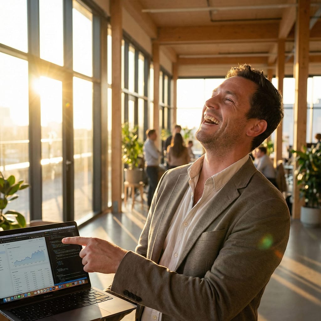 a tech entrepreneur in a sunlit, glass-walled modern office, captured mid-laugh as they point at a glowing laptop screen.