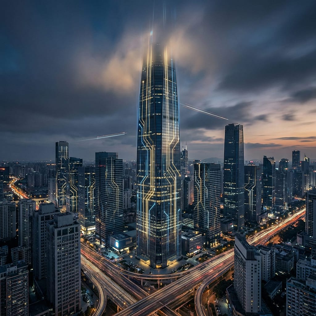 An aerial view of a futuristic corporate skyline at dusk with one central skyscraper highlighted by glowing gold and electric blue circuit patterns
