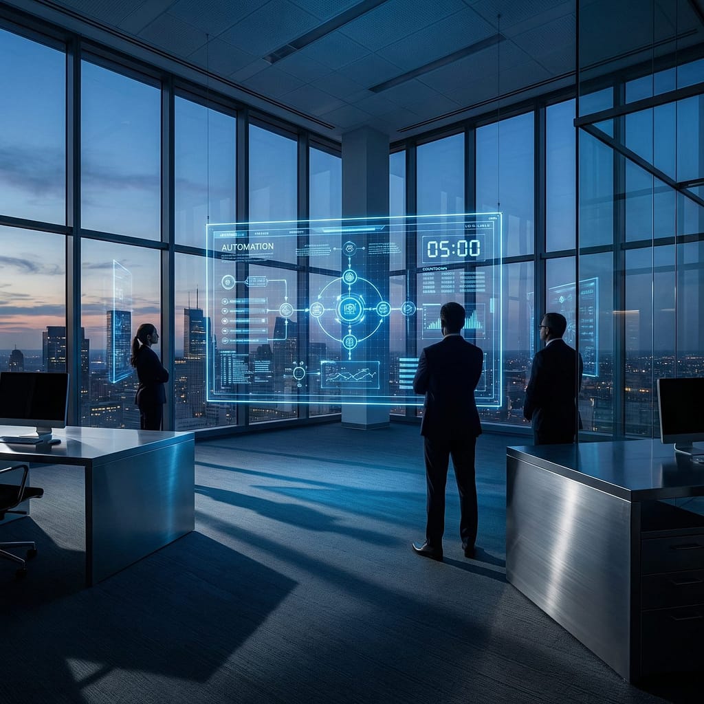 A wide-angle cinematic view of a sleek, modern glass office during the blue hour of dusk. Floating in the center of the room is a complex holographic overlay displaying a glowing automation sequence with interconnected nodes and data streams