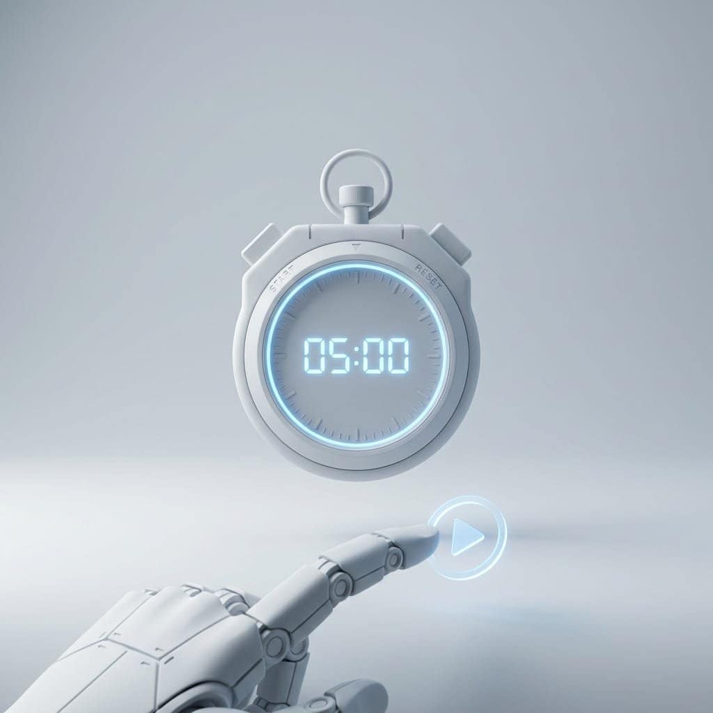 A sleek, matte white stopwatch is suspended weightlessly in the exact center of a vast, soft grey void. The stopwatch features clean, geometric lines and a minimalist design. From the dial, which displays the numbers "05:00" in a modern font