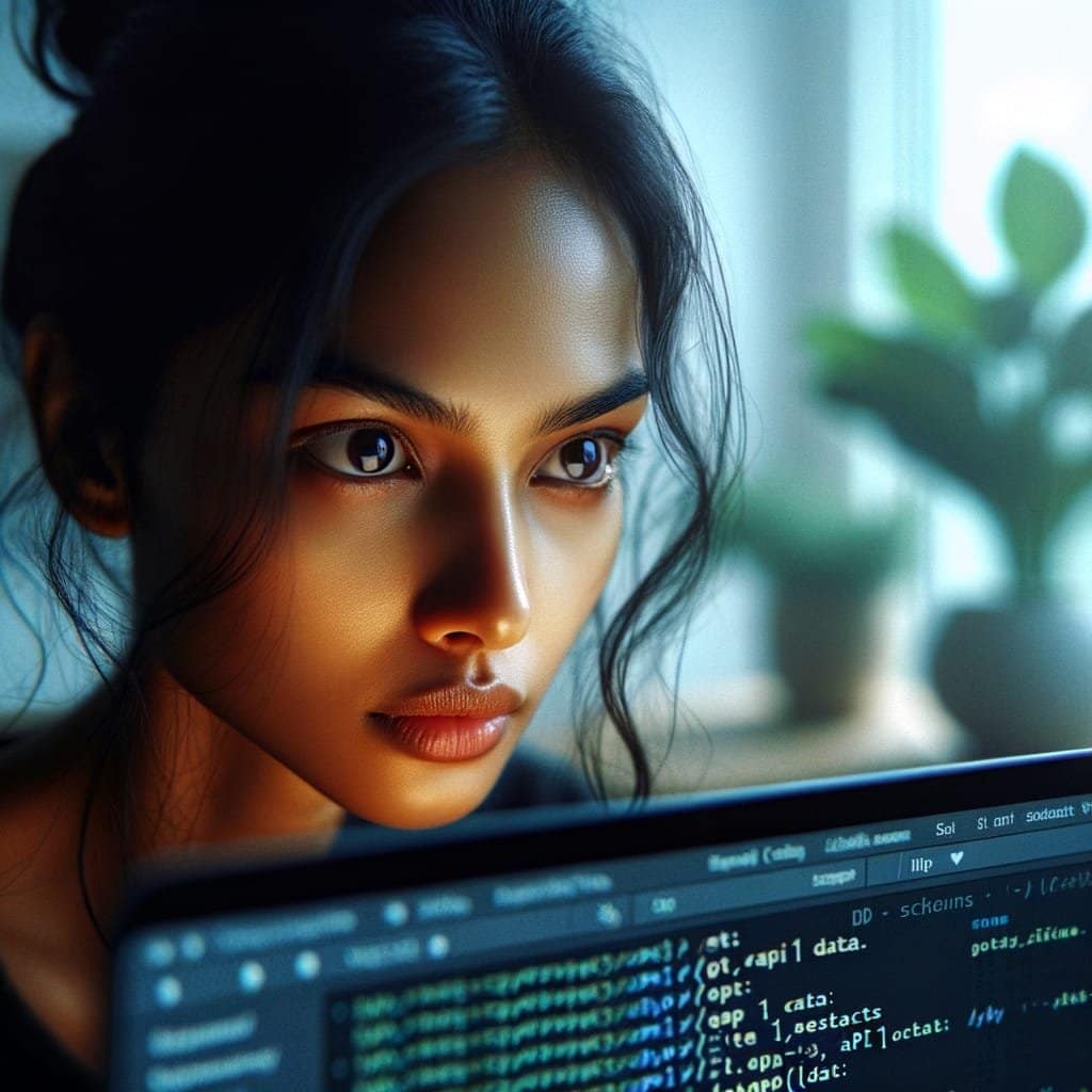 a software engineer with an expression of deep concentration as they focus on a laptop screen. The screen displays complex API schema structures, including clearly visible text like "GET /api/v1/data" and nested JSON objects.