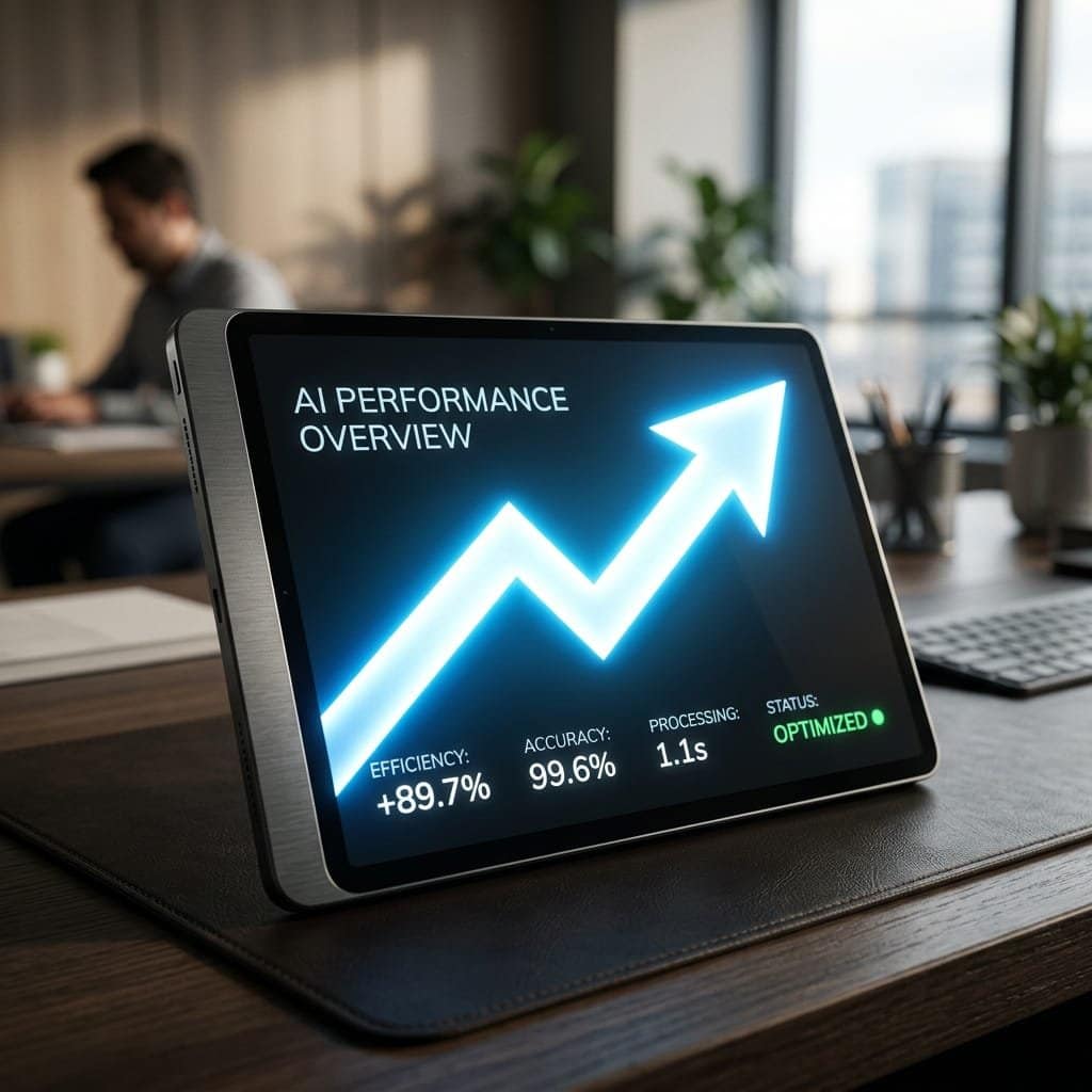 close-up of a premium, brushed aluminum tablet displaying a simplified, elegant AI performance dashboard