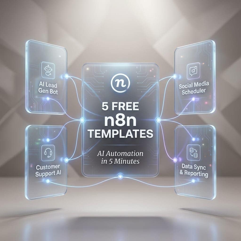 A clean and minimalist 3D illustration featuring five sleek, translucent digital cards floating in a balanced, professional composition. Each card represents an n8n automation template