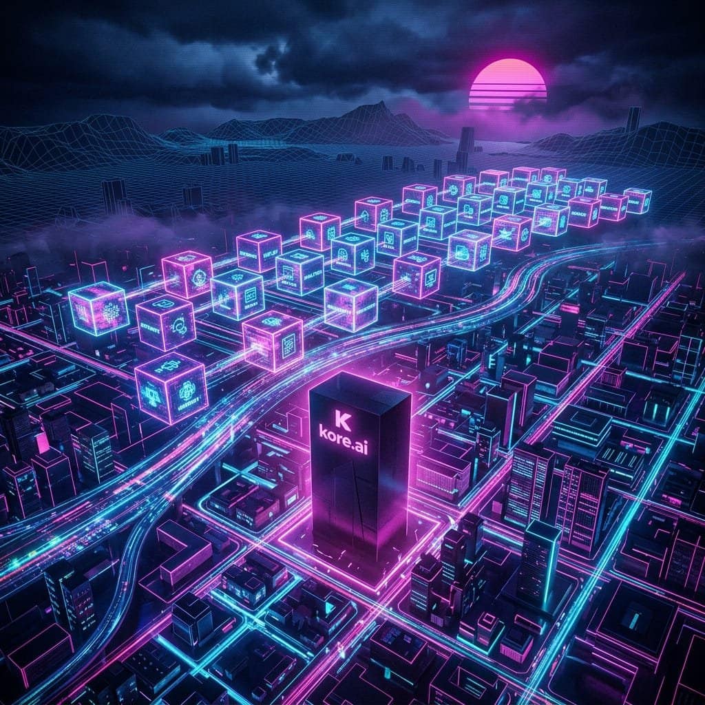 A high-angle perspective of a retro-futuristic synthwave city grid where 25 glowing neon cubes representing IT workflows float above a digital highway.