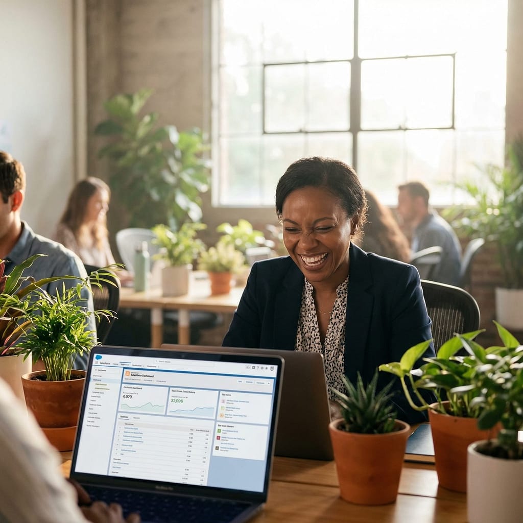 shot of a diverse sales professional in a sun-drenched, biophilic office, laughing naturally while looking at a laptop screen displaying a clean Salesforce dashboard.