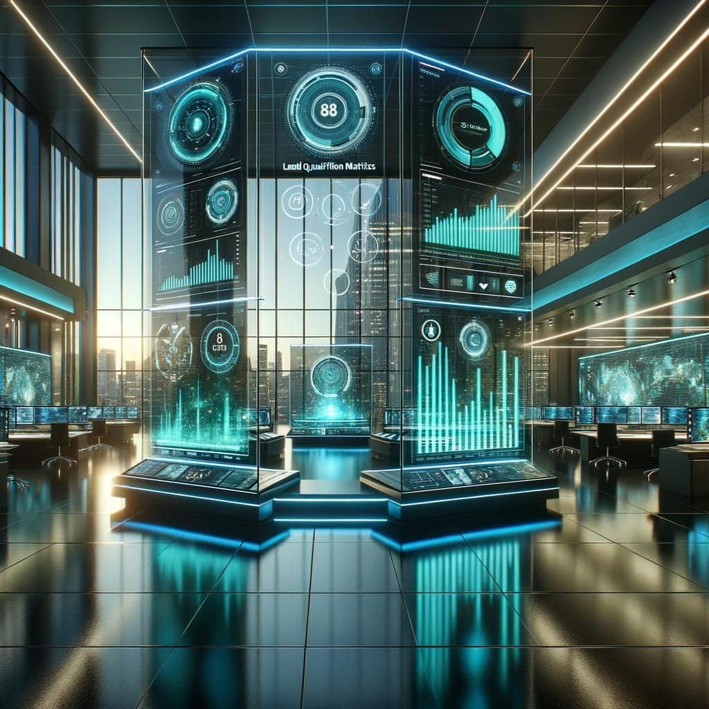 A high-tech sales control center with transparent screens displaying automated lead qualification metrics, cinematic lighting, 8k resolution.