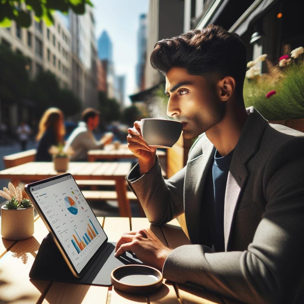 photograph of a tech-savvy worker sitting at a minimalist wooden outdoor table, captured from a side angle. They are mid-sip of coffee, looking away from their tablet which shows a HubSpot interface.