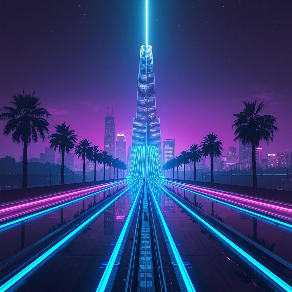 a sleek futuristic highway made of glowing blue neon lines ascending towards a towering digital skyscraper representing peak support resolution.