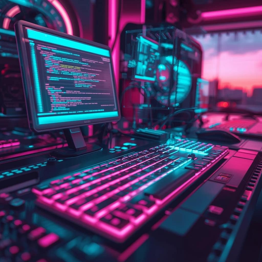 A close-up view of a high-tech console with glowing mechanical keyboards and holographic floating UI windows displaying digital code and customer chat logs.