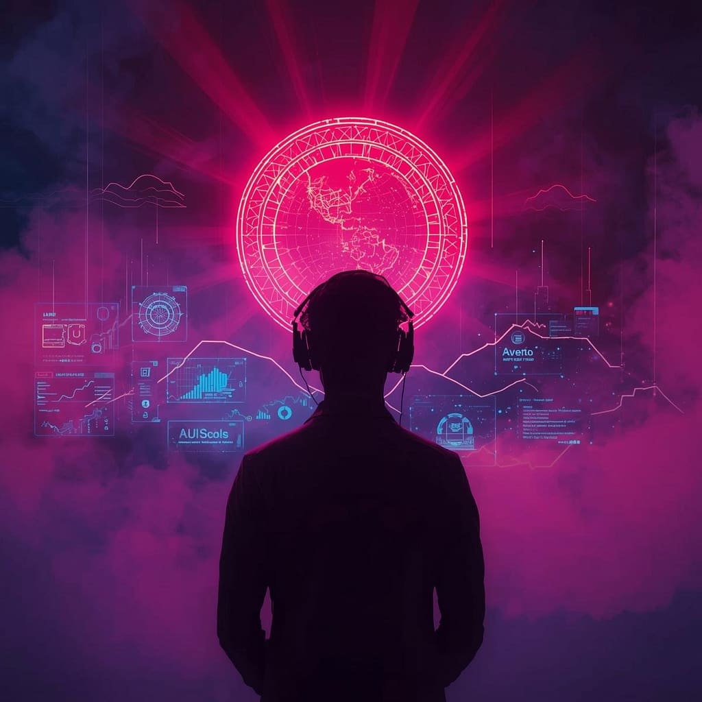 stylized silhouette of a customer support professional wearing a futuristic headset, looking at a wall of glowing data visualizations