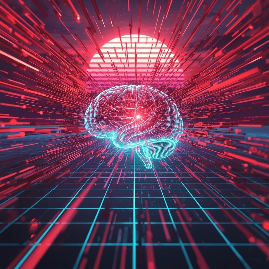 A high-detail synthwave hero graphic featuring a glowing digital human brain made of neon fiber optics at the center.