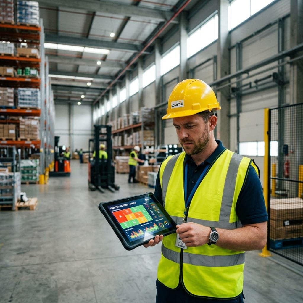 A candid medium shot of a focused warehouse operations manager wearing a bright neon high-visibility safety vest. The manager is holding a sleek digital tablet, looking intently at the screen which displays a vibrant real-time inventory heatmap with glowing data visualizations.