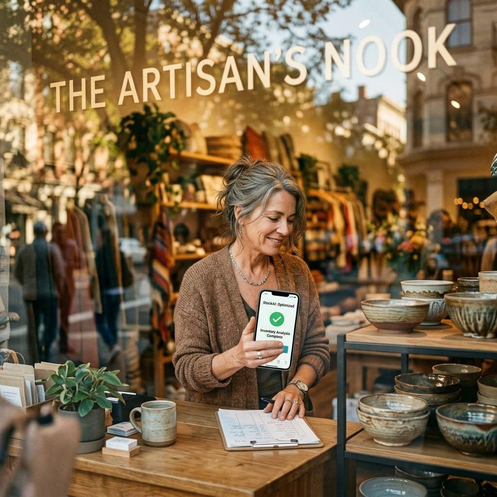 A candid photograph taken from a street-level perspective, looking through the glass window of a cozy boutique. Inside, the shop owner is seen cross-referencing AI-driven stock suggestions on her smartphone with the physical inventory on the shelves.
