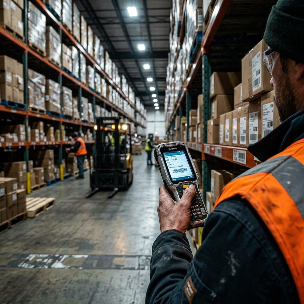 A candid medium shot of a focused warehouse operations manager wearing a bright neon high-visibility safety vest. The manager is holding a sleek digital tablet, looking intently at the screen which displays a vibrant real-time inventory heatmap with glowing data visualizations.