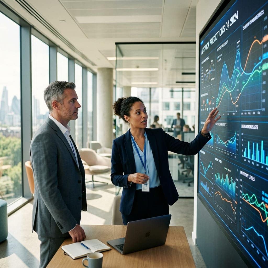 A supply chain analyst is caught mid-sentence, gesturing naturally toward a large, glowing digital wall display that shows intricate, fluctuating predictive AI stock curves. Standing slightly to the side, a colleague listens intently, creating a sense of authentic collaboration.