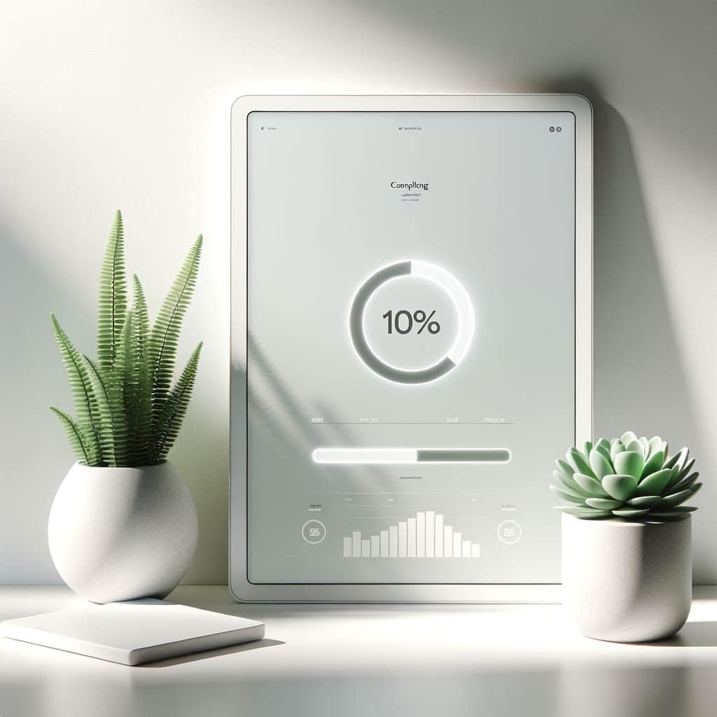 sleek white tablet showing a simple progress bar at 100 percent next to a single green succulent plant.