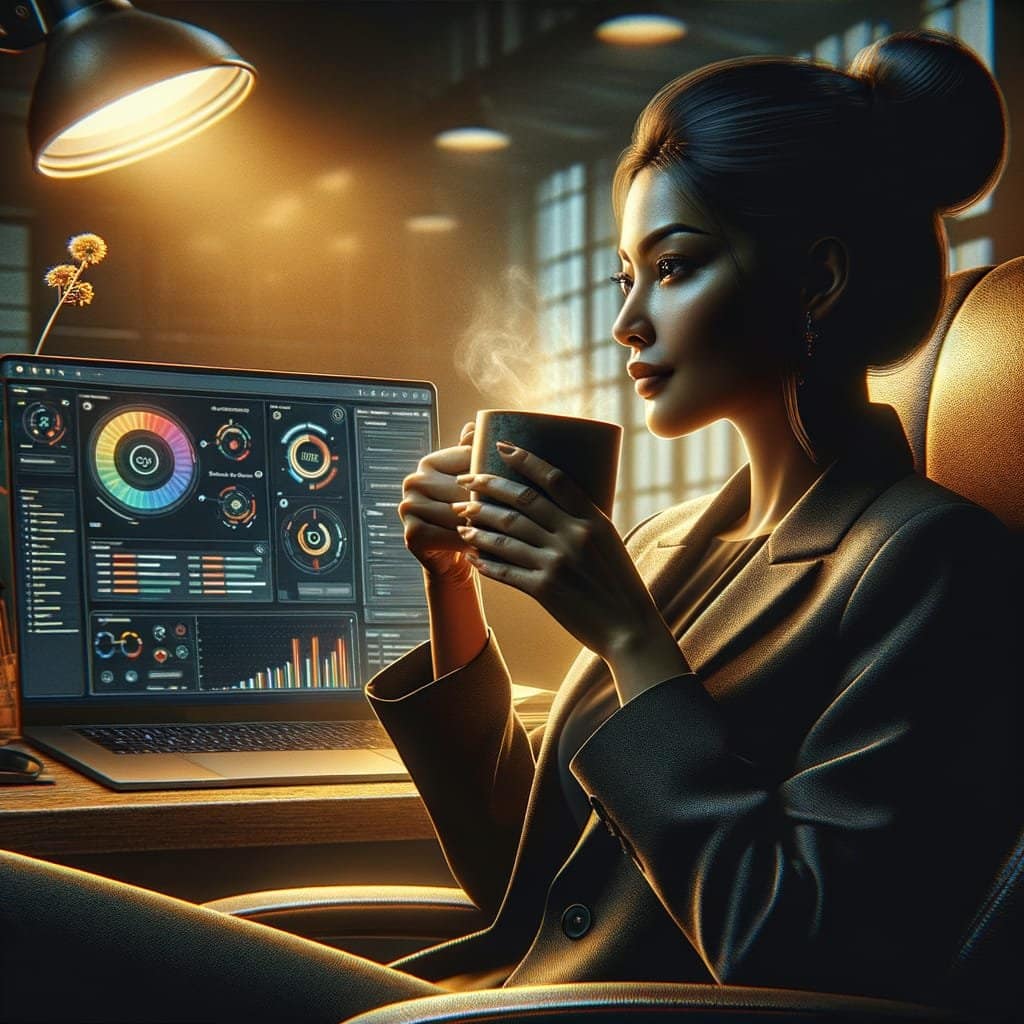 A candid, side-profile photograph of an HR manager sitting in an ergonomic chair, holding a ceramic mug and looking relaxed.