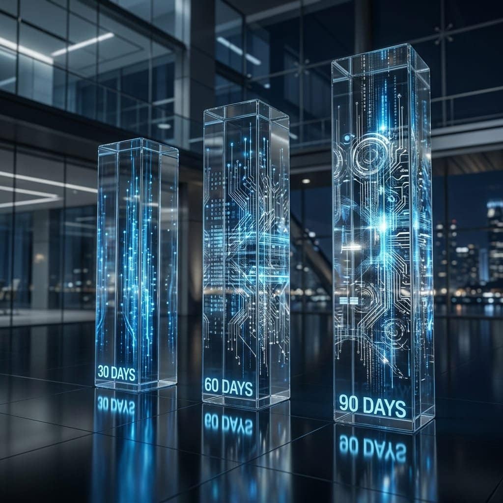 three clean, modern glass pillars representing 30, 60, and 90-day milestones on a reflective surface.