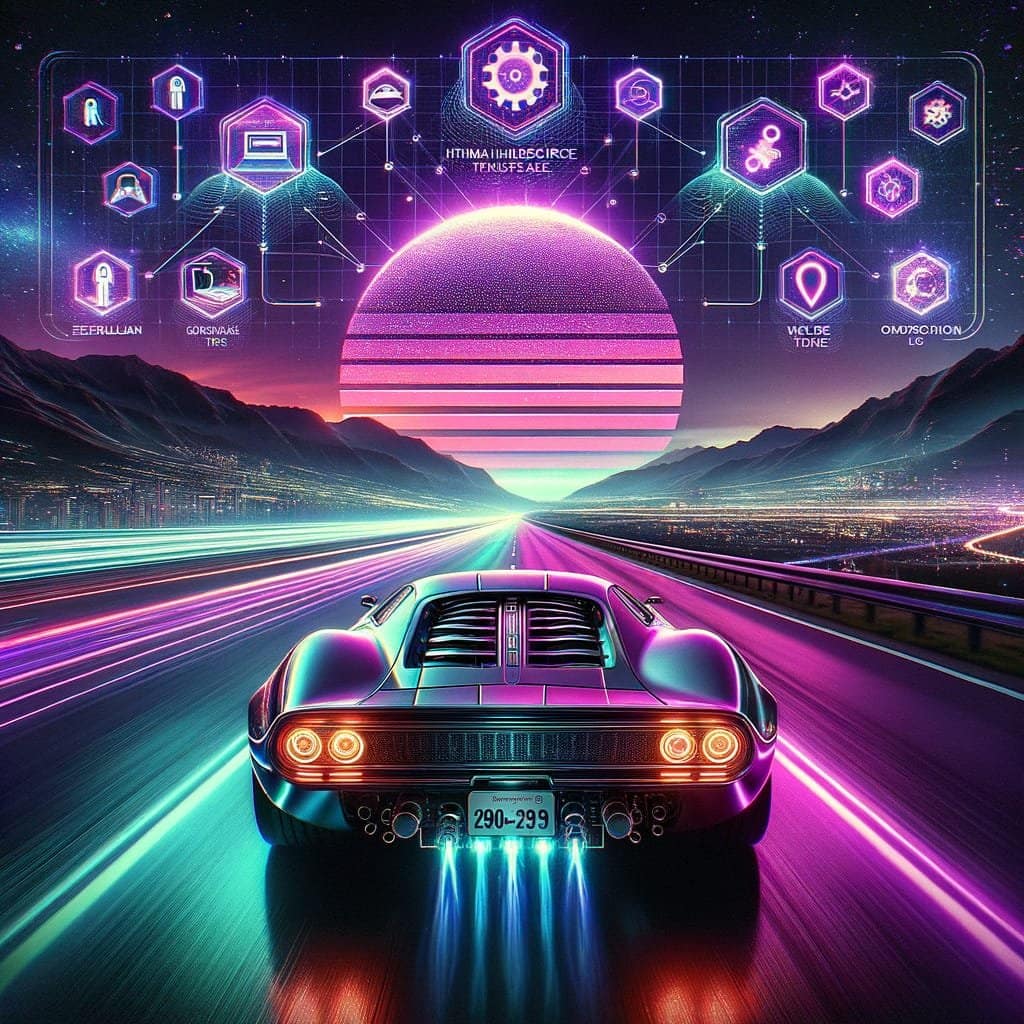 A high-speed cinematic shot of a retro-futuristic sports car driving down a glowing neon grid highway, symbolizing the first 90 days of employment.