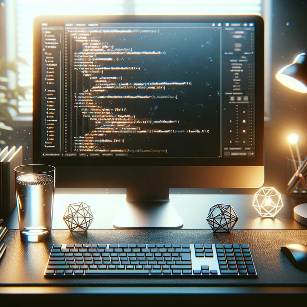 close-up shot of a sleek, modern developer workstation. On a high-resolution monitor, visible lines of code in "JSON" and "OpenAPI" formats are neatly arranged in a dark-themed code editor.