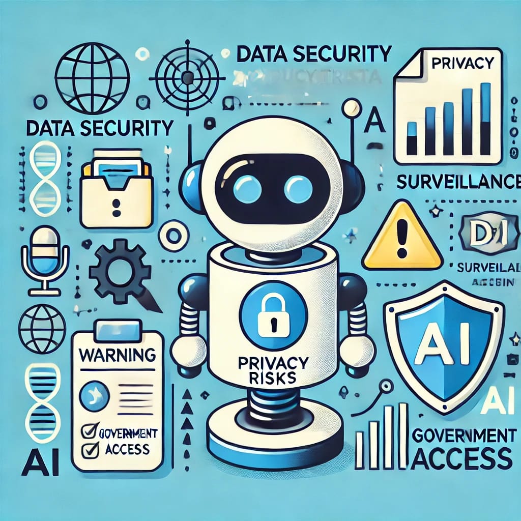 Illustration of an AI chatbot collecting user data, with warnings about privacy risks and data storage in China.