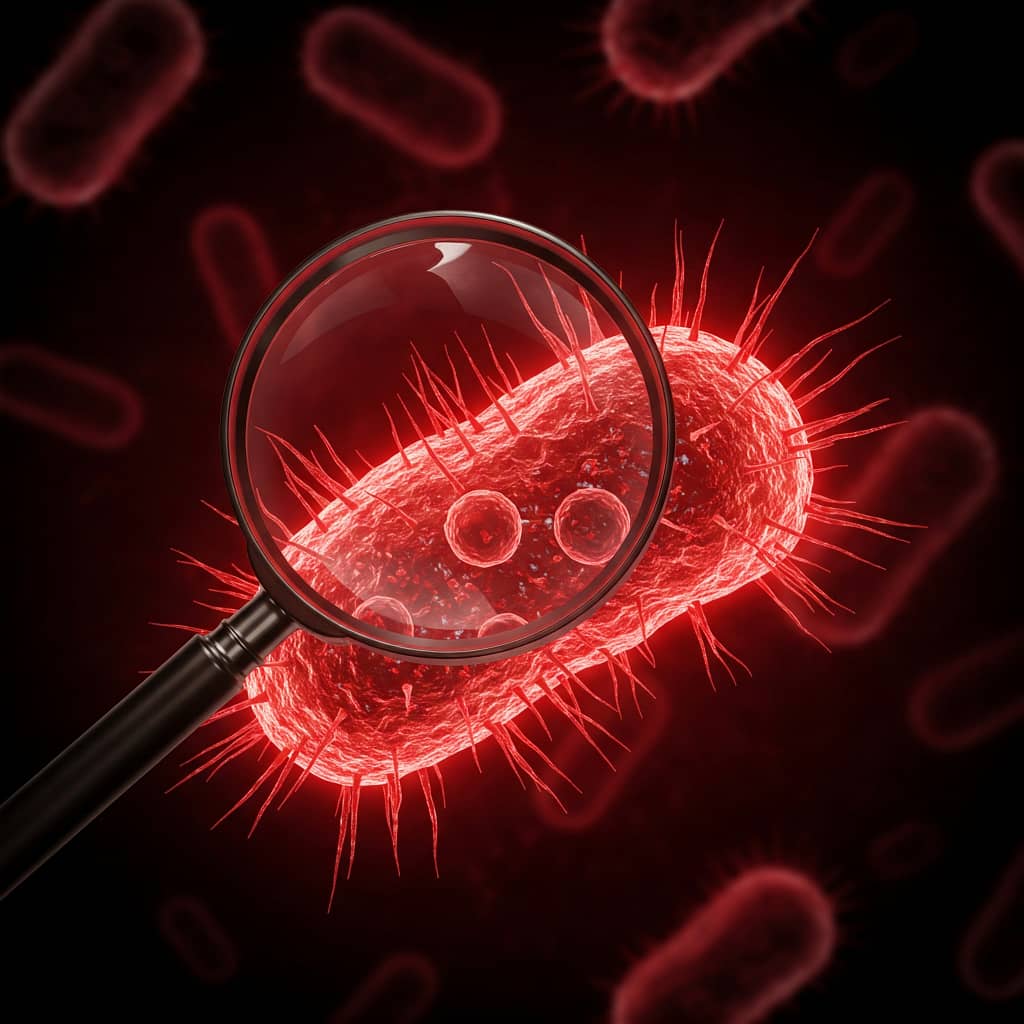 A microscopic image of a bacterial cell with a red glow around it, with a magnifying glass hovering over it.