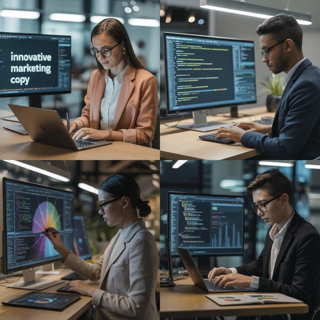 Different professionals using AI prompt platforms for various business use cases