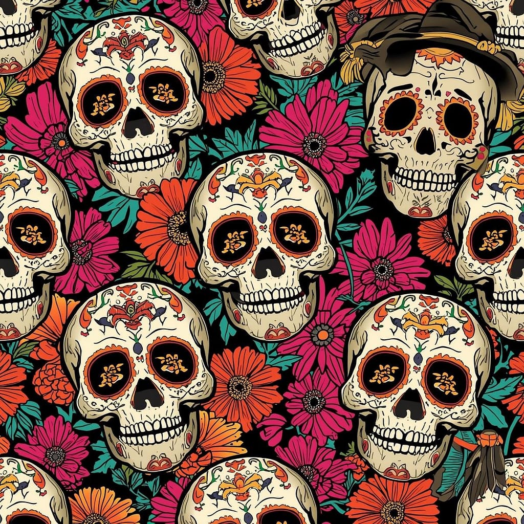 Professional pop art style design of a Halloween pattern featuring intricate, playful sugar skull illustrations engaged in a game of charades with exaggerated, funny gestures and puzzled expressions, surrounded by marigold flowers.