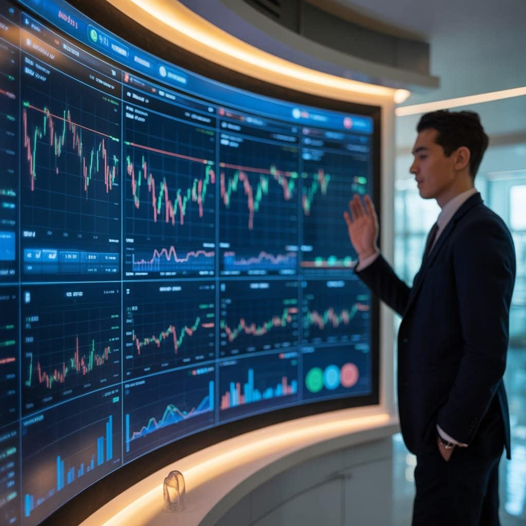 Business professional analyzing financial data on a modern data visualization dashboard.