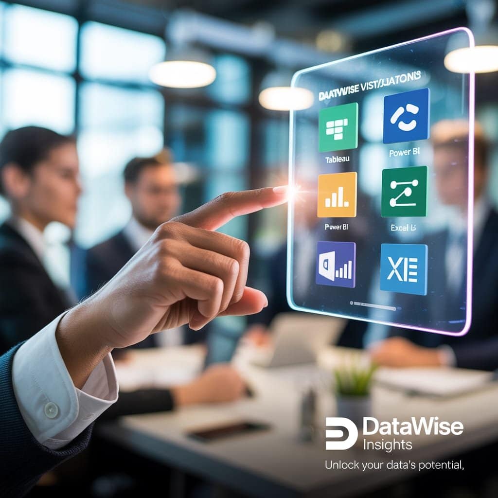 Hand pointing at a screen comparing different data visualization tools.