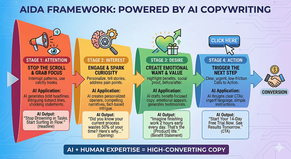 A dynamic infographic visually explaining the AIDA framework (Attention, Interest, Desire, Action) applied to AI copywriting