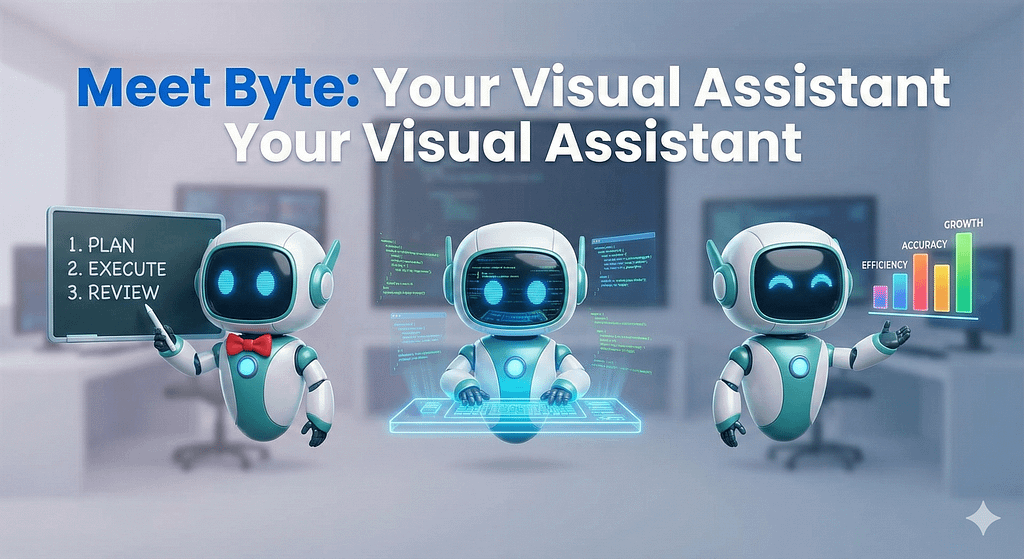 A consistent cartoon character, a friendly robot named 'Byte', shown in three different poses and outfits