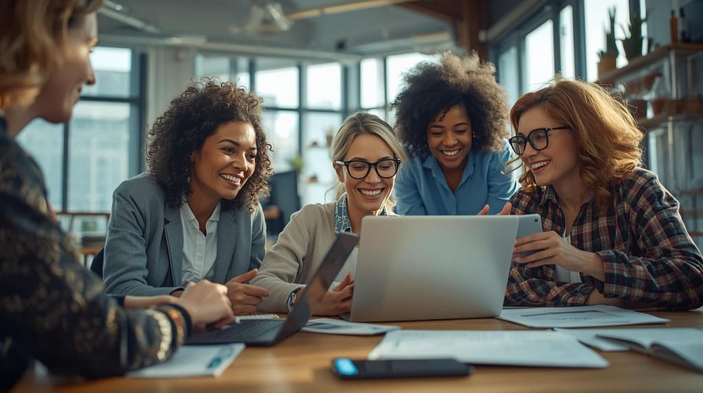 group of non-technical professionals, including a middle-aged small business owner, a young artist, and an experienced teacher, from various ethnic backgrounds, are actively collaborating and interacting with user-friendly AI tools. They are gathered in a bright, modern co-working space or a relaxed home office, exhibiting genuine enthusiasm and engaged expressions as they use sleek laptops and tablets. Photorealistic, ultra-detailed, 8k, award-winning editorial photography, cinematic lighting. Soft, warm, diffused natural light from large windows, creating an inviting and optimistic ambiance.