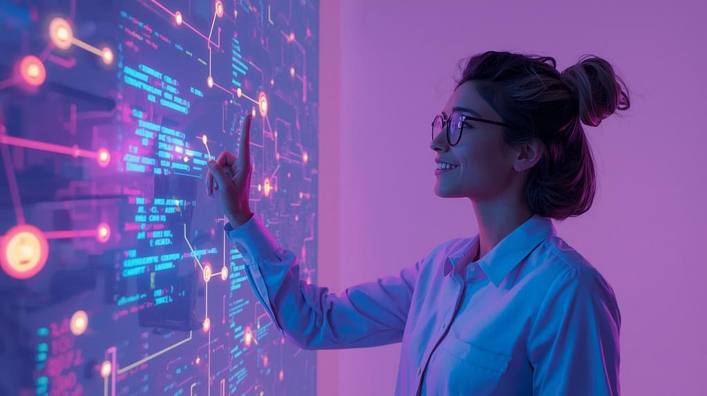 illustration showing a person, not a developer, confidently navigating a simplified, colorful interface representing AI, with no code visible. The aesthetic is friendly and empowering, with a sense of clarity and accomplishment.