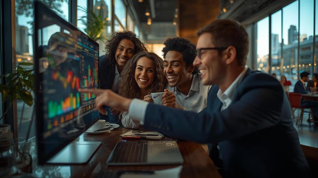 a professional digital marketer passionately explaining a complex schema architecture drawn on a clear glass board