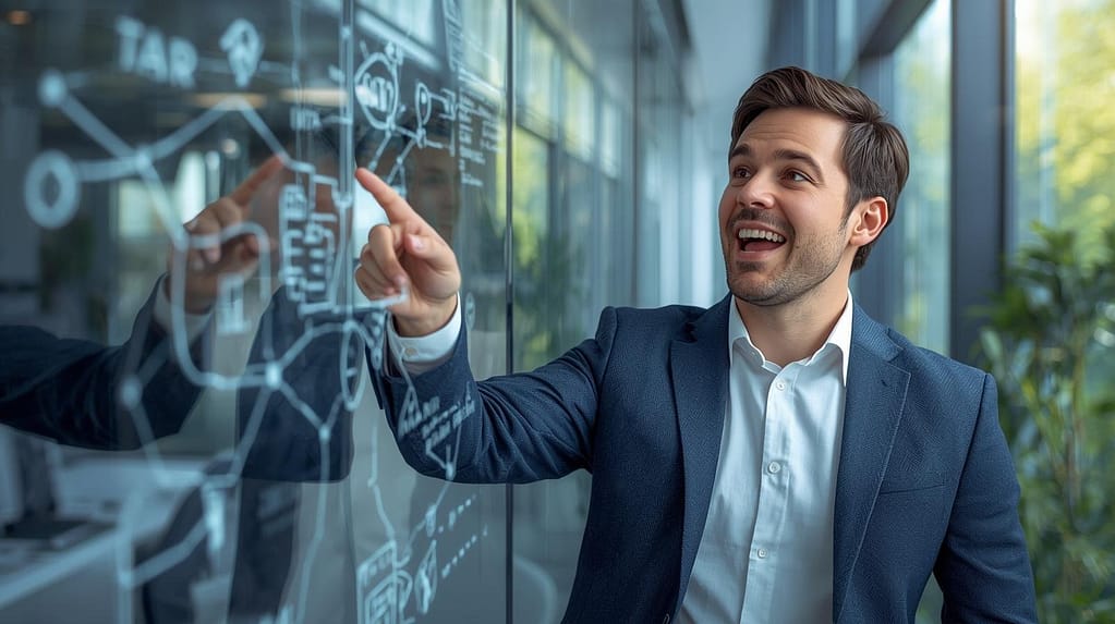 a diverse team of SEO specialists in a moment of genuine excitement. They are huddled closely around a large, glowing computer monitor displaying colorful analytical charts and data graphs.