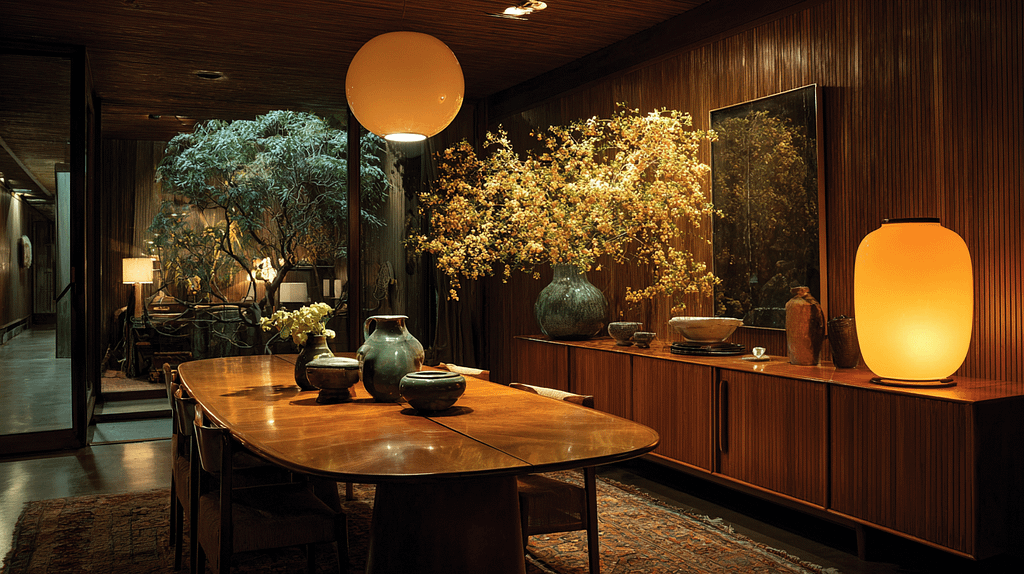 Atmospheric and sophisticated mid-century modern dining room, emphasizing fluid organic shapes and the interplay of warm teak and brass materials. The space is illuminated by soft, indirect ambient lighting, creating a serene and inviting mood. A vintage credenza and a minimalist ceramic sculpture adorn the room.