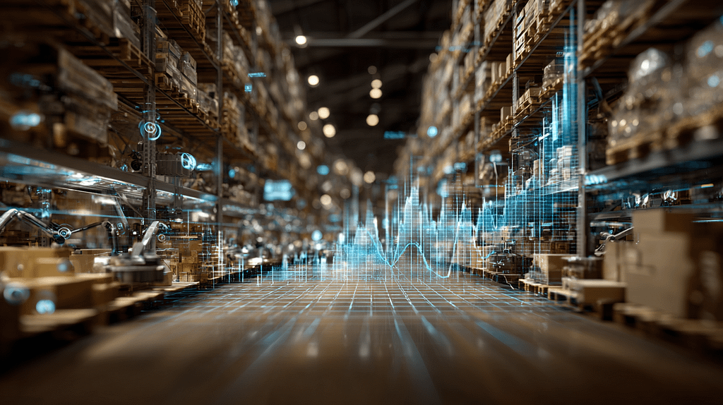 AI running a warehouse with profit margins climbing with efficiency
