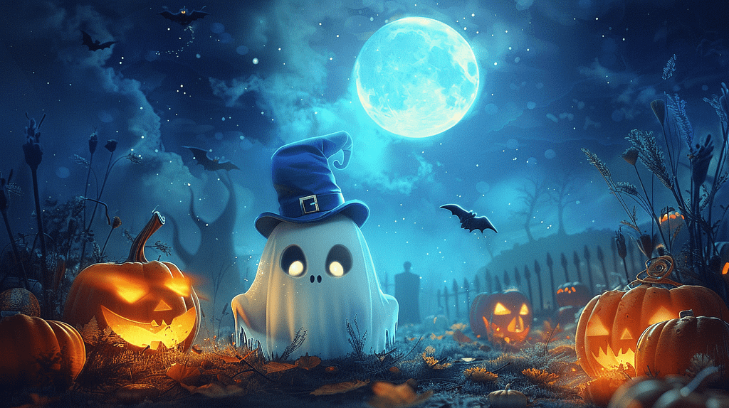 
A friendly, plump ghost wearing a tiny top hat, floating through a moonlit pumpkin patch, whimsical art.

