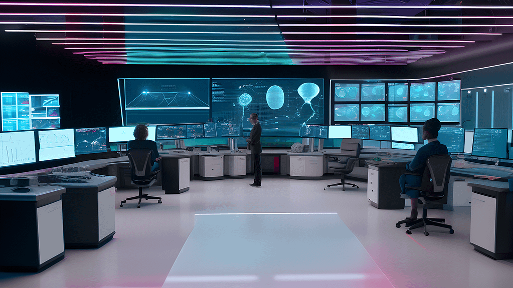 "A futuristic lab where scientists work alongside AI robots, surrounded by holographic displays showing complex data visualizations."