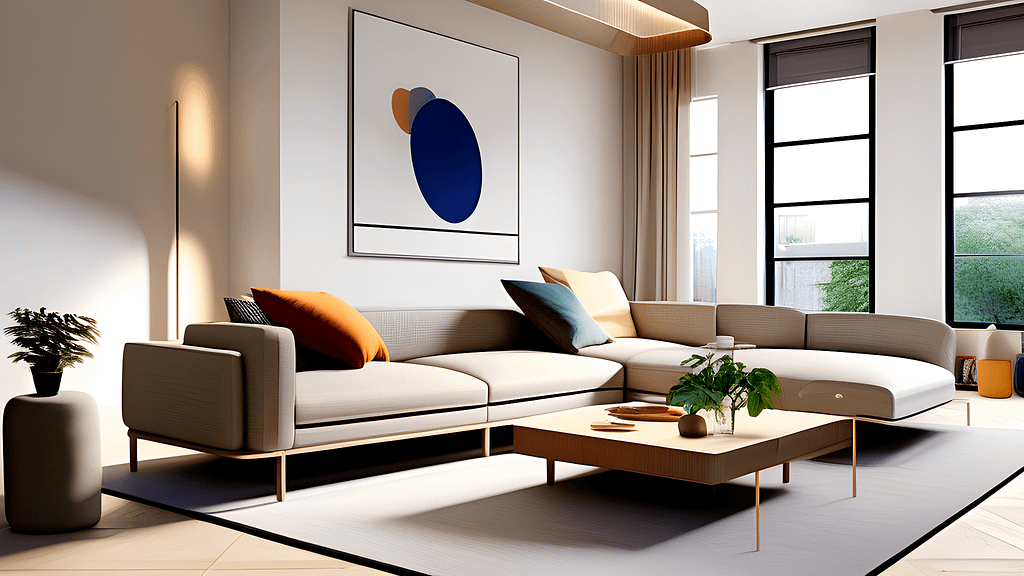 living room featuring integrated smart home devices, including a wall-mounted tablet control panel, smart lighting, and visible smart speakers, showcasing contemporary home automation technology"