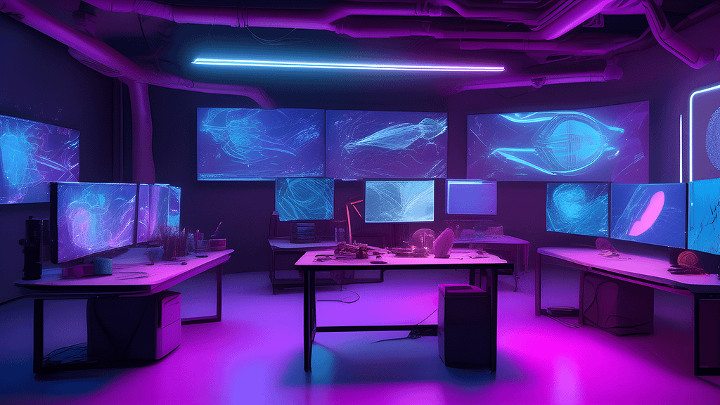 A futuristic digital artist’s workspace where an AI-powered robotic arm paints on a digital canvas. The screen showcases an AI-generated abstract artwork blending human and artificial creativity. The environment is illuminated by neon blue and purple lights, reflecting an advanced tech-driven studio. The atmosphere is artistic yet high-tech, symbolizing the evolution of art in the AI age.