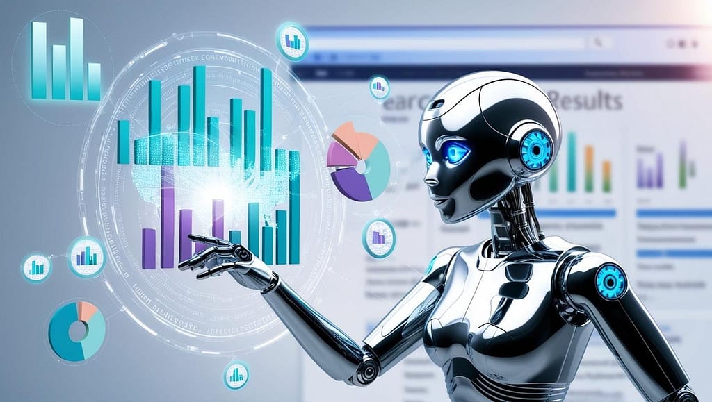 A futuristic robot with glowing eyes analyzing a holographic display of interconnected keywords and search terms. The robot is surrounded by floating data visualizations, including bar graphs, pie charts